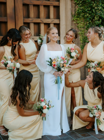 Backless A Line Round Neck Light Yellow Satin Long Bridesmaid Dress Evening Dress with Slit HZ1023